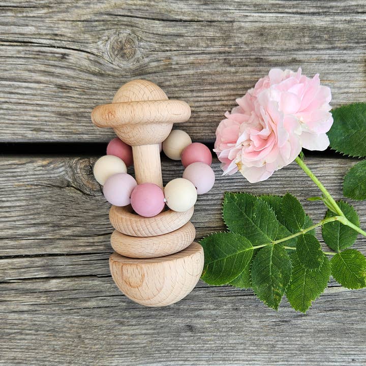 Summerville organic - Wholesale Handheld Rattle - Baby - Baby Wooden Rattle Silicone Beads Rose2