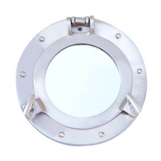 Brushed Nickel Deluxe Class Decorative Ship Porthole Mirror 8" for wholesale by Hampton Nautical