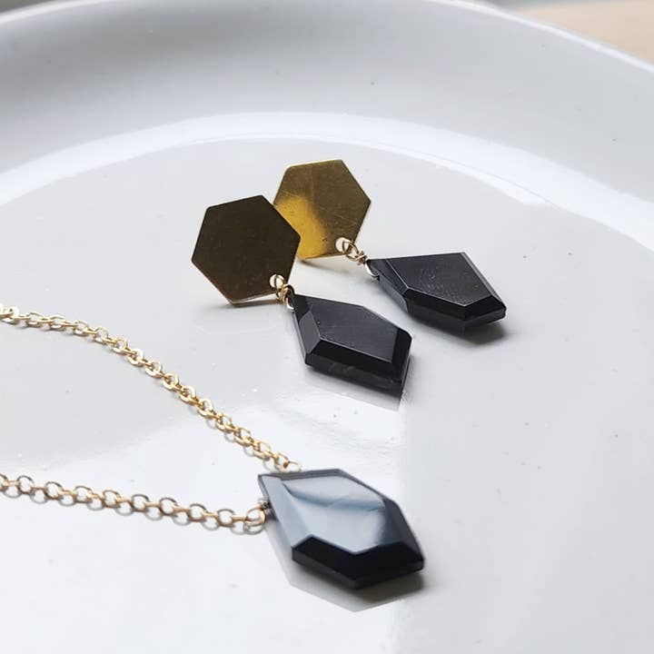 Geometric Faceted Black Onyx and Brass Earrings and Necklace for wholesale by Sara Sela Jewelry