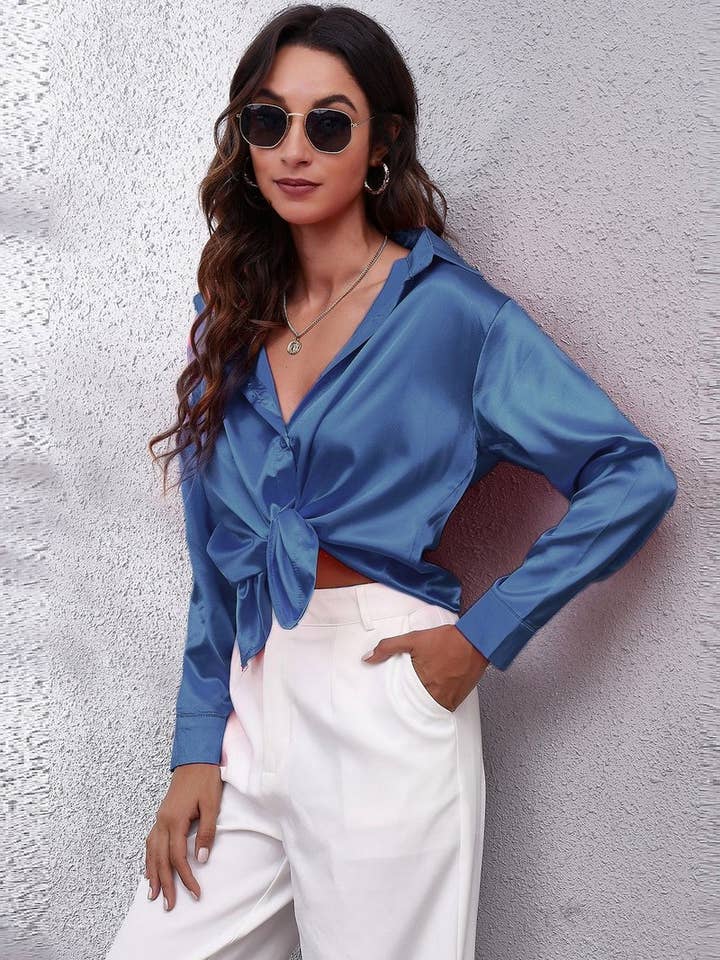 NINEXIS - Wholesale Button Down Shirt - Women's - CWTBLL0691_Button Down Silky Satin Long Sleeve Top34