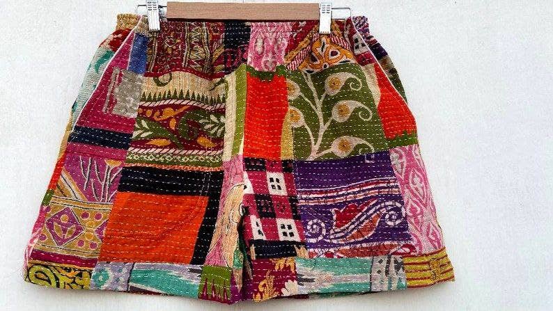 bhavnas boutique - Vendita all'ingrosso Pantaloncini - Donna - Pantaloni Kantha vintage fatti a mano in puro cotone con patchwork1
