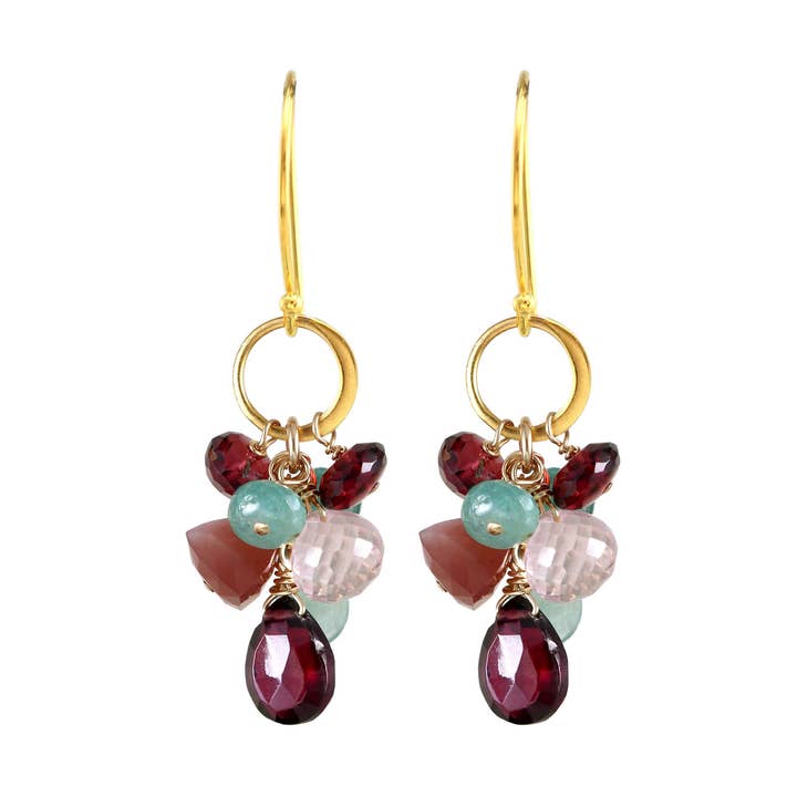 Boucles d'oreilles en grenat, pyrite, grandidiérite, quartz rose E-3756 pour la vente par Alicia Van Fleteren Jewelry Design