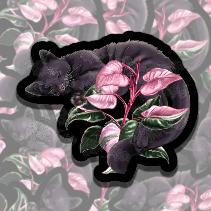 Pegatina de vinilo de gato floral - Regalo divertido para amantes del café para venta al por mayor de Sticky Sadness Designs