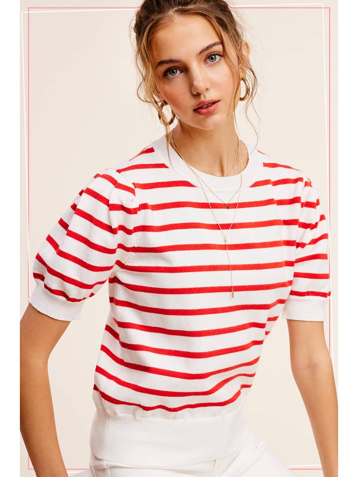 La Miel - Wholesale Knit Top - Women's - JCS3562-Lightweight Puff Short Sleeve Stripe Knit Top15