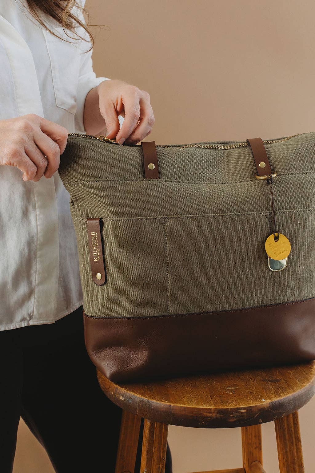 R.Riveter - Wholesale Tote Bag - Women's - Harriet Tote Bag | Fatigue Washed Canvas + Brown Leather1