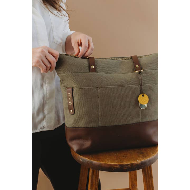 R.Riveter - Wholesale Tote Bag - Women's - Harriet Tote Bag | Fatigue Washed Canvas + Brown Leather1