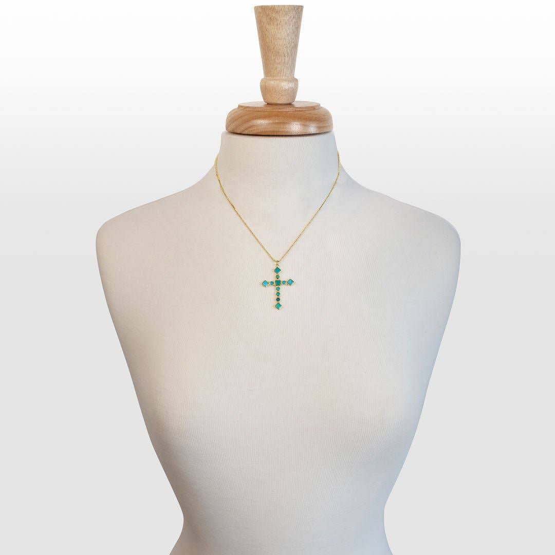 URBAN-EQUESTRIAN - Wholesale Pendant/Charm Necklace - Keepsake - Turquoise Cross Necklace in Gold4