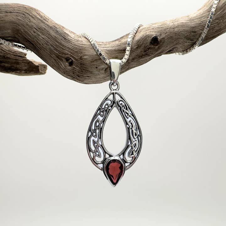 Eternal Flame: Garnet & Silver Celtic Knot Necklace for wholesale by The Green Gecko
