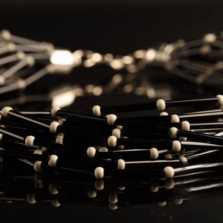 Mazzega Art & Design - Wholesale Beaded/Pearl Necklace - Torchon Pive Mono Necklace: Murano masterpiece, 20 strands of rare black vintage glass tube beads and colored satin beads.4