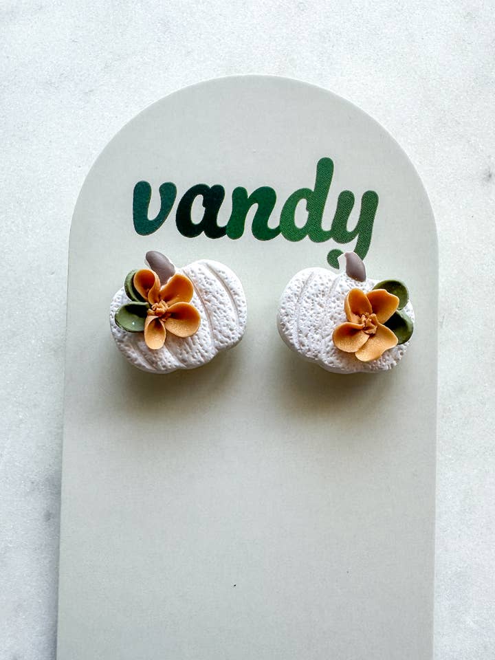 White Pumpkin with Flower Stud Earrings for wholesale by Vandy Visuals Shop