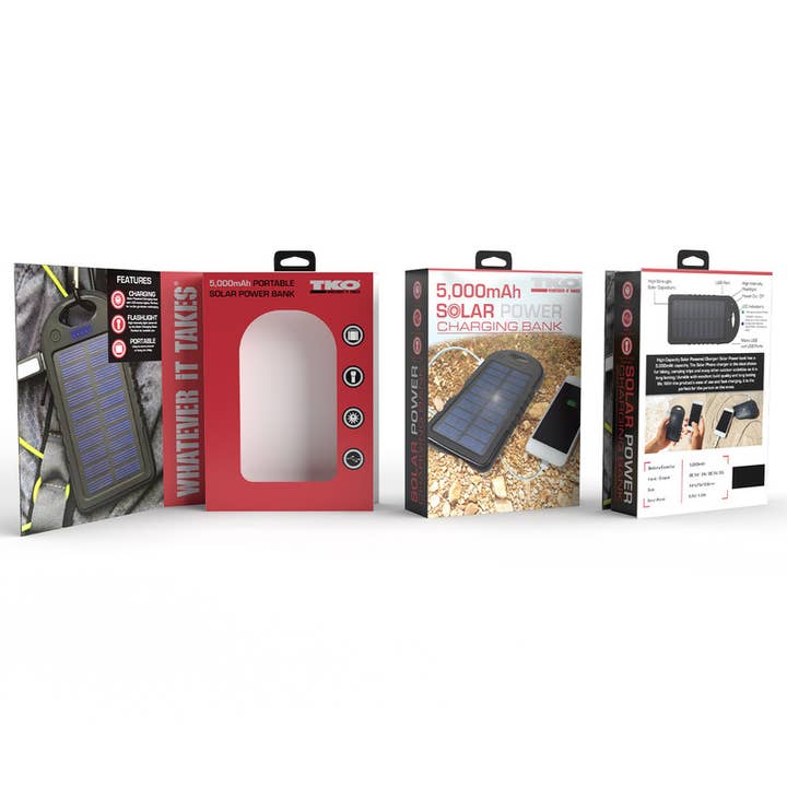 TKO 5,000 mAh Solar Charging Power Bank for wholesale by Lifeware Group LLC