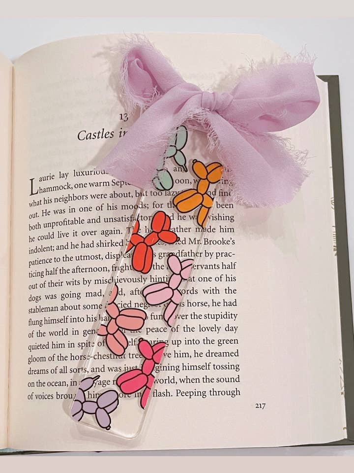 Balloon Dog multi colored acrylic bookmark with ribbon for wholesale by Typo Lettering Co