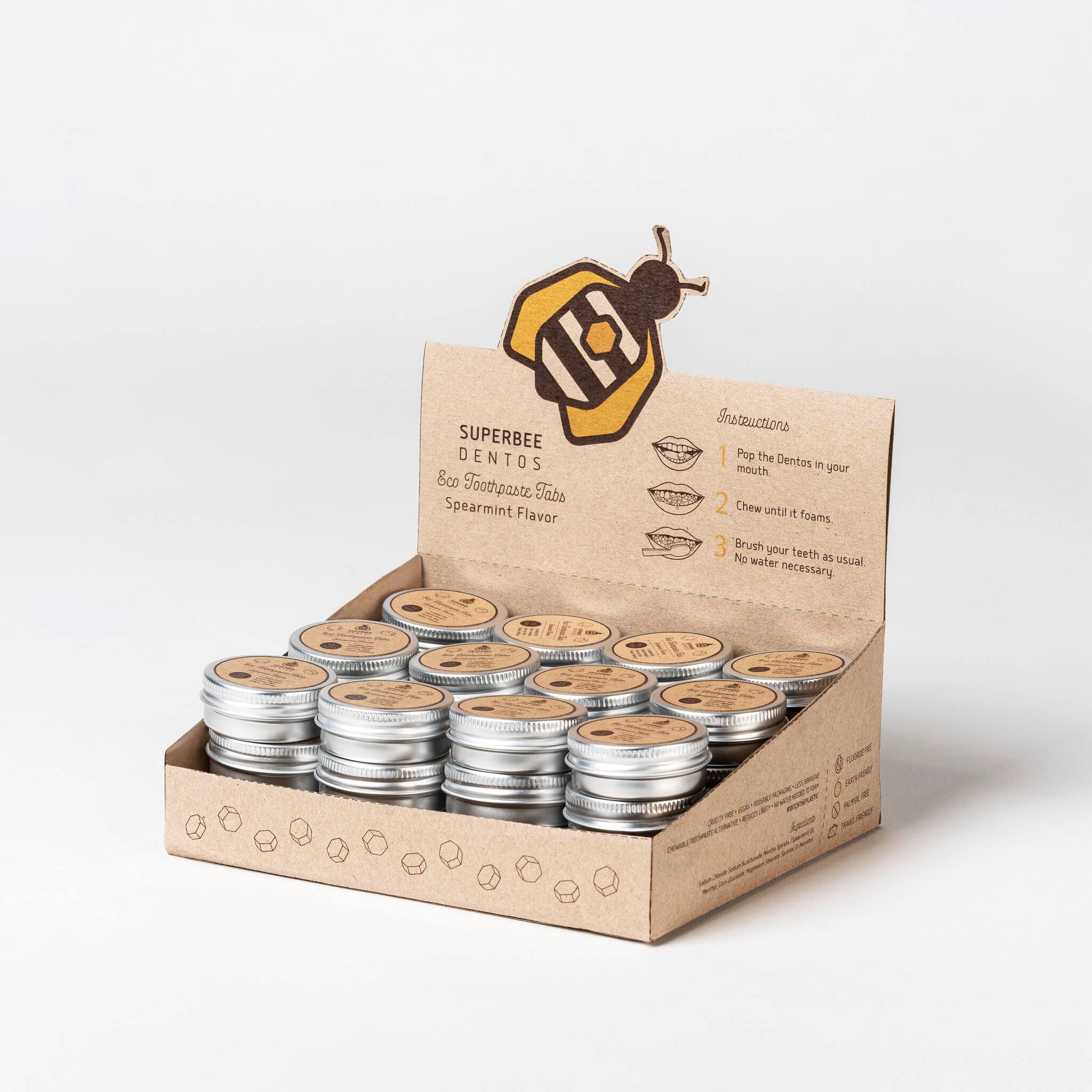 SuperBee - Eco Living Made Easy - Wholesale Tandpasta - Doos van 36 Dentos – Eco tandpasta tabs met 14 tabletten