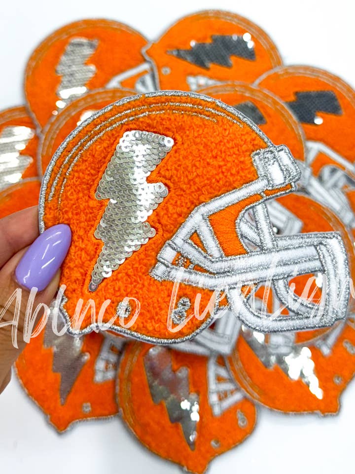 orange football helmet sequins bolt embroidery patch iron on for wholesale by ABLNco