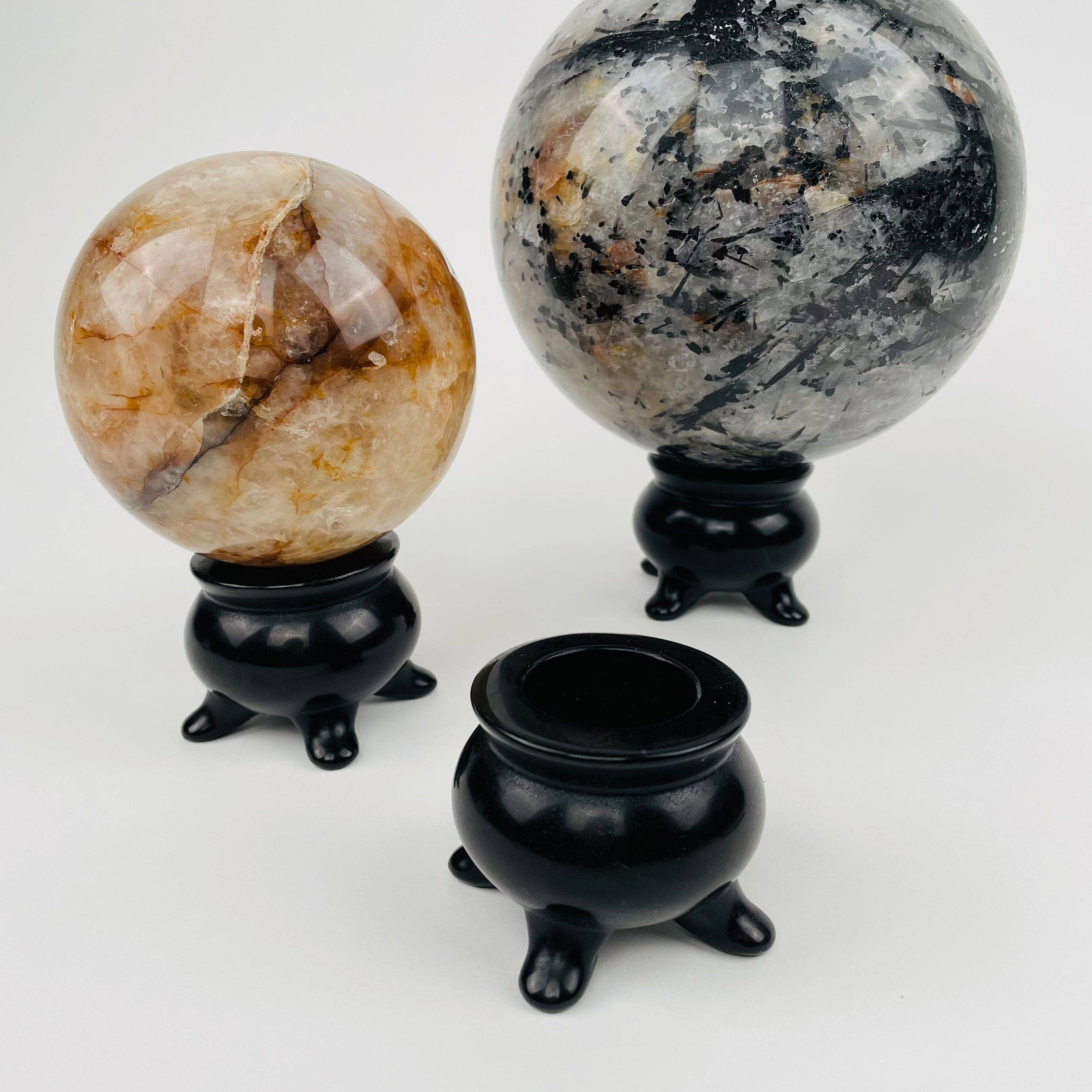 Rock Paradise - Wholesale Decorative Tabletop Object - Black Obsidian Cauldron Crystal Sphere Holder - Halloween6