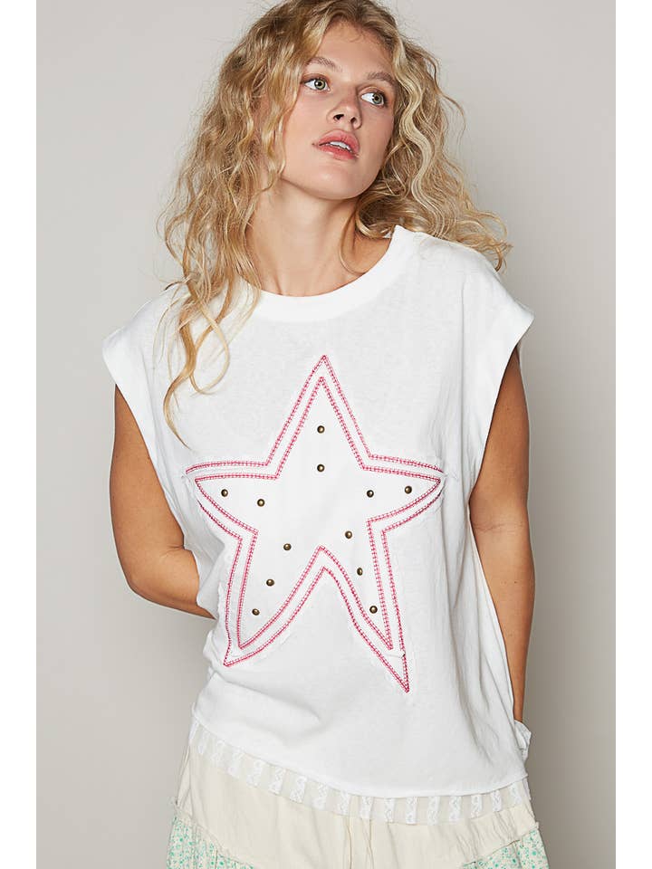 Pol Clothing - Wholesale Knit Top - Women's - Round neck sleeveless star patch knit top