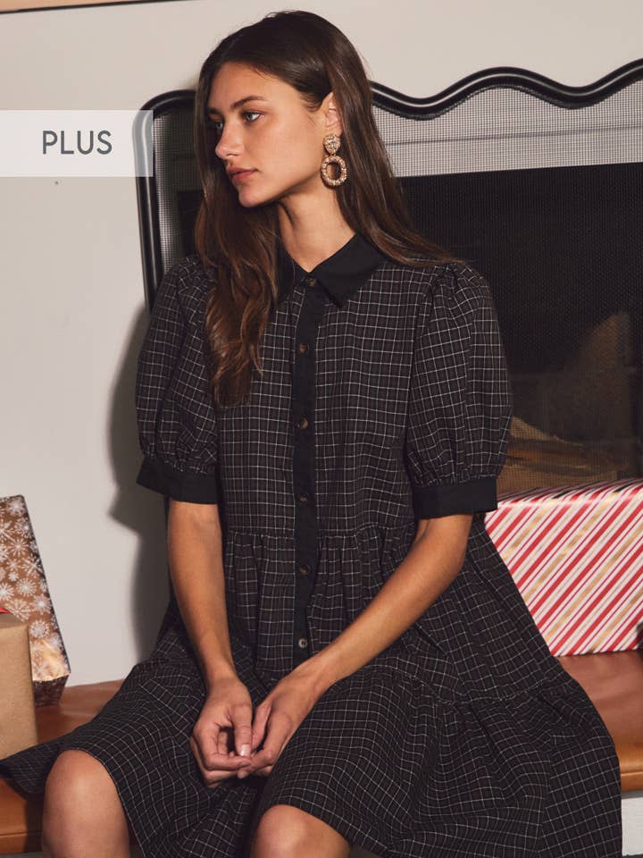 Oddi – wholesale Dress – Women's – Plus Checked Plaid Button Front Baby Doll Dress0