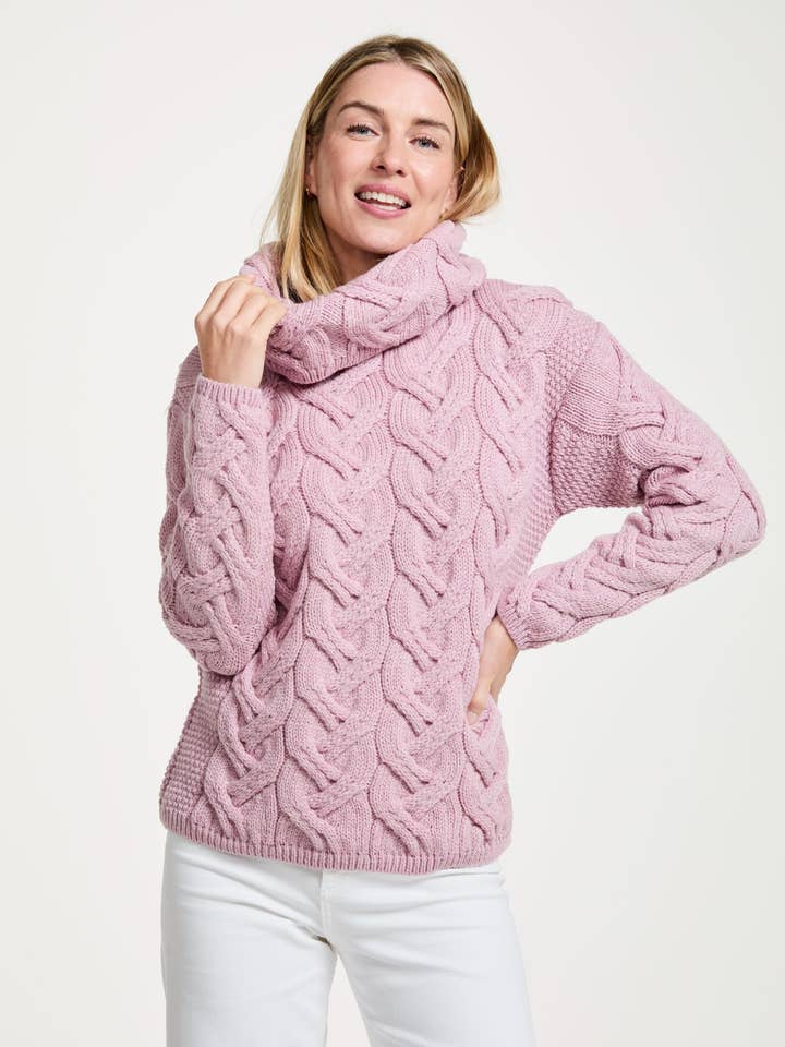 Kinsale Ladies Cable Aran Sweater -Pink for wholesale by Aran Woollen Mills
