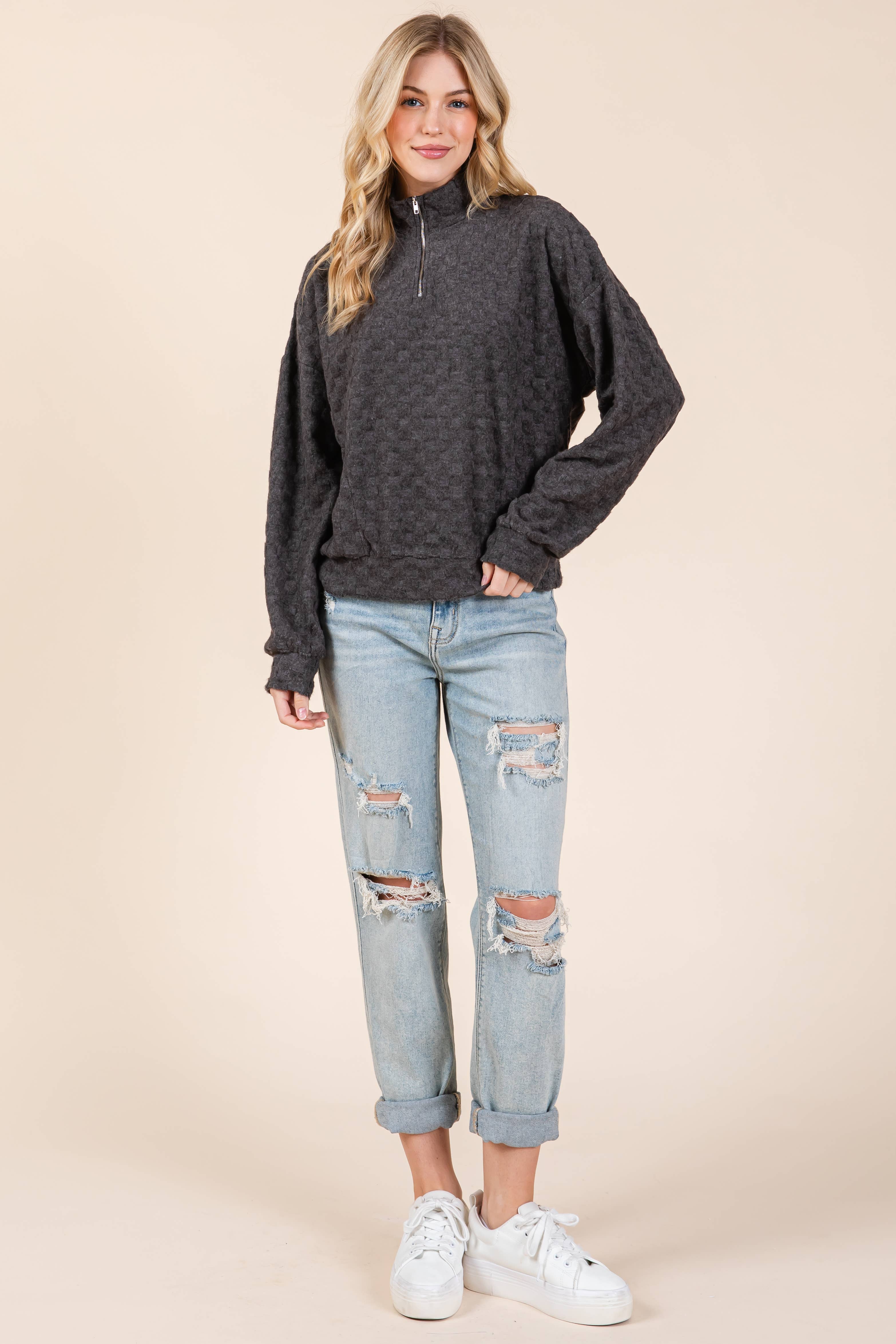 BOMBOM - Wholesale Sweatshirt - Women's - TL1997 FUZZY CHECKERED 1/4 ZIP TOP 10