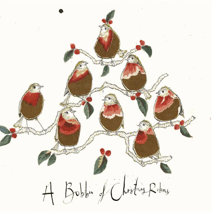 A Bobbin of Robins Christmas Card for wholesale by Anna Wright Ltd