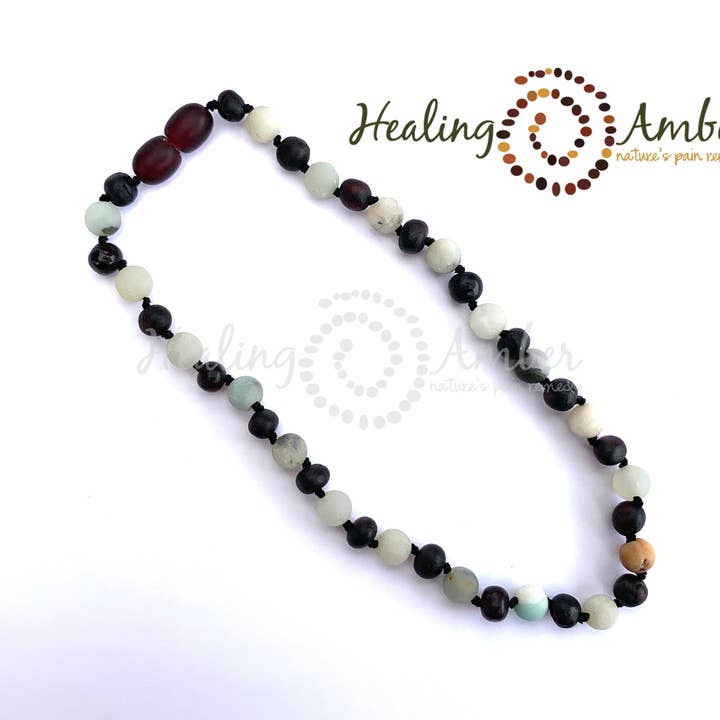 Healing Amber - Wholesale Beaded/Pearl Necklace - Raw Molasses Amber & Amazonite Gemstone-13 inch