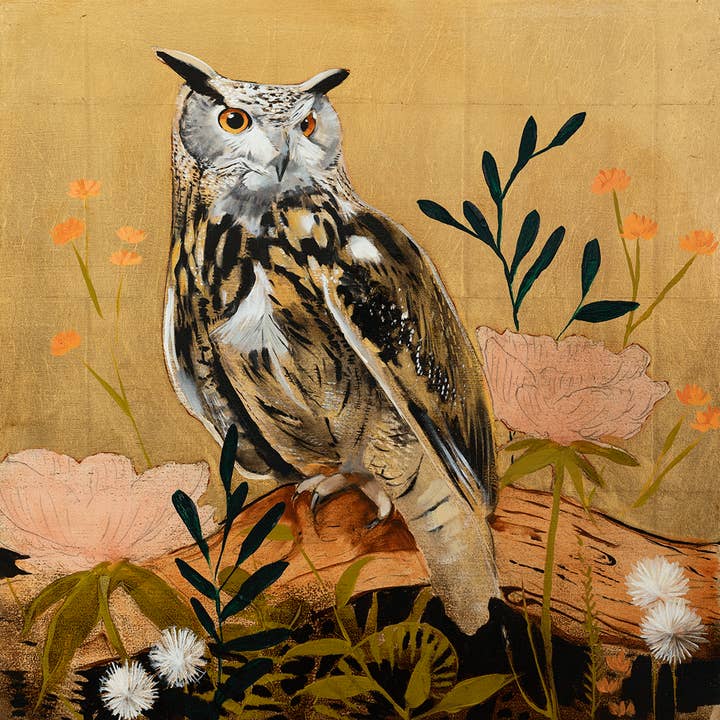 Uil op goud (canvasdruk op houten paneel met metalen blad) voor wholesale door Joseph Bradley Studio