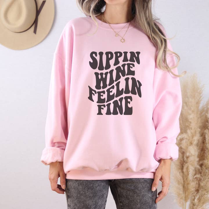Trendznmore - Modern Graphic Apparel - Wholesale Graphic Sweatshirt - Women's - Sippin Wine Feelin Fine Crewneck Sweatshirt7
