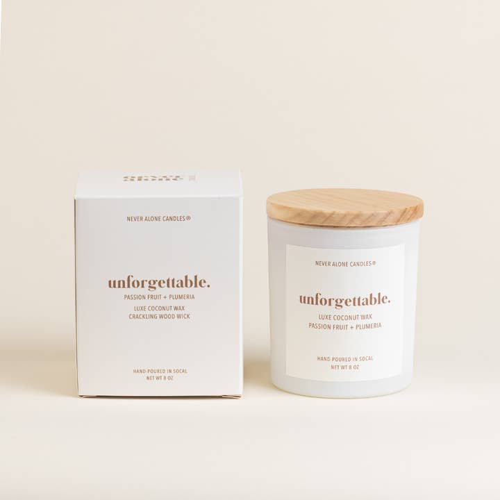 Passion Fruit + Plumeria Scented Candle for wholesale by Never Alone Candles®