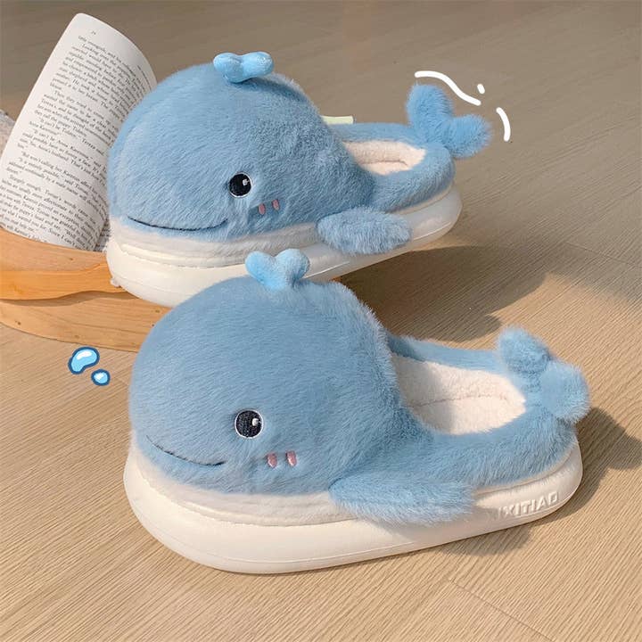 Light Blue Half Covered Kawaii Cartoon Whale Plush Slippers Warm Cozy Indoor Shoes for wholesale on Faire