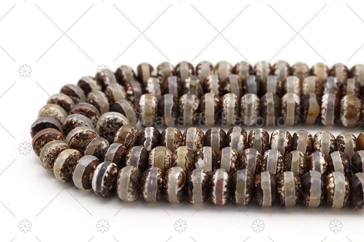 BestBeads&Beyond - Wholesale Beads - Quality DZI Brown Cream White Agate Beads, Rondelle with One line Tibetan Agate Beads, 8x12mm/12x16mm Agate,15'' Full Strand, SKU#U11812