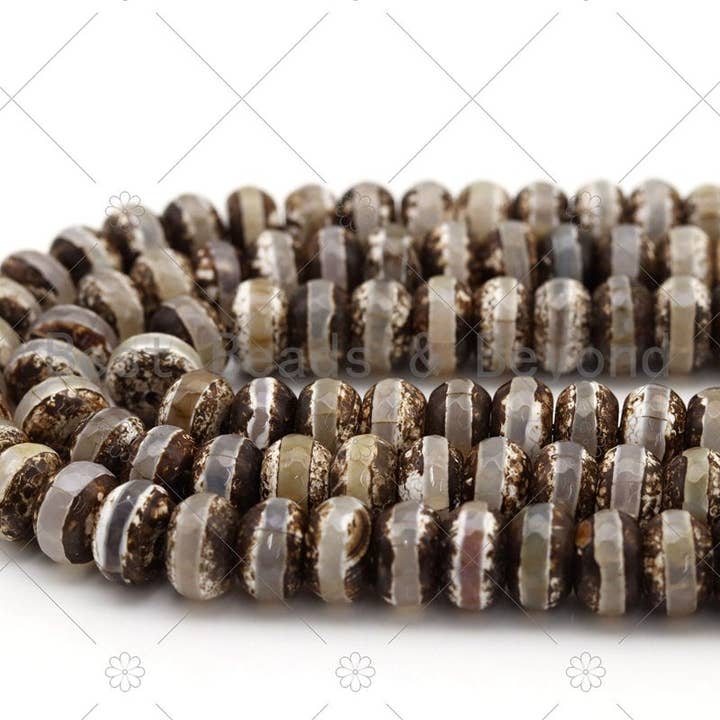 BestBeads&Beyond - Wholesale Beads - Quality DZI Brown Cream White Agate Beads, Rondelle with One line Tibetan Agate Beads, 8x12mm/12x16mm Agate,15'' Full Strand, SKU#U11812