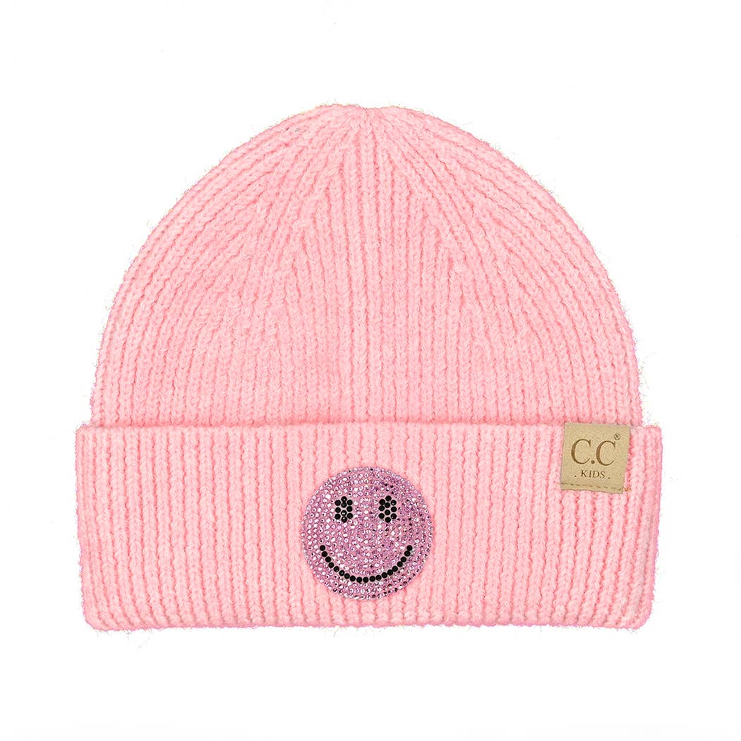 Fashion City - Wholesale Beanie - Kinderen - Happy Face muts met strass patch en manchet voor kinderen2