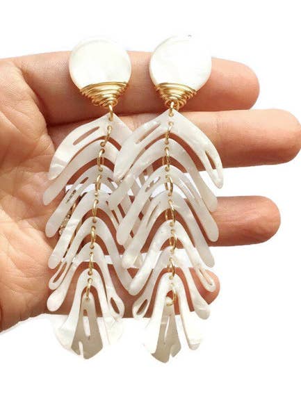 White Palm Leaf Statement Earrings for wholesale by lynnique