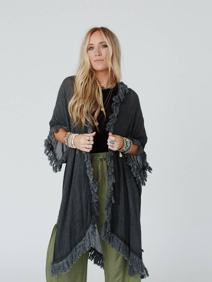 On The Edge Fringe Kimono - Charcoal for wholesale by Three Bird Nest