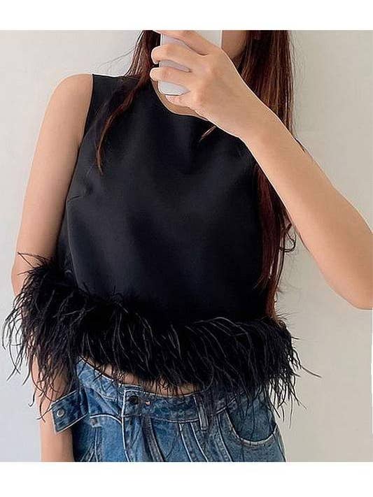 Flarix - Wholesale Blouse - Women's - feather trim sleeveless top feather