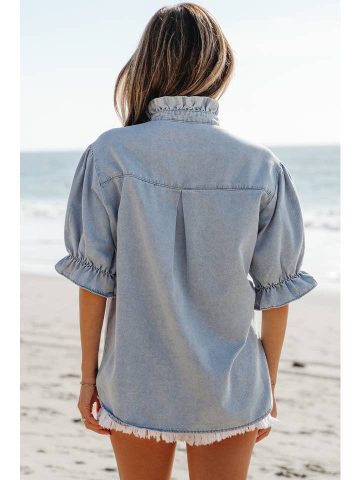 Beau Blue LDC Ruffle Short Puff Sleeve Summer Chambray Shirt for wholesale on Faire