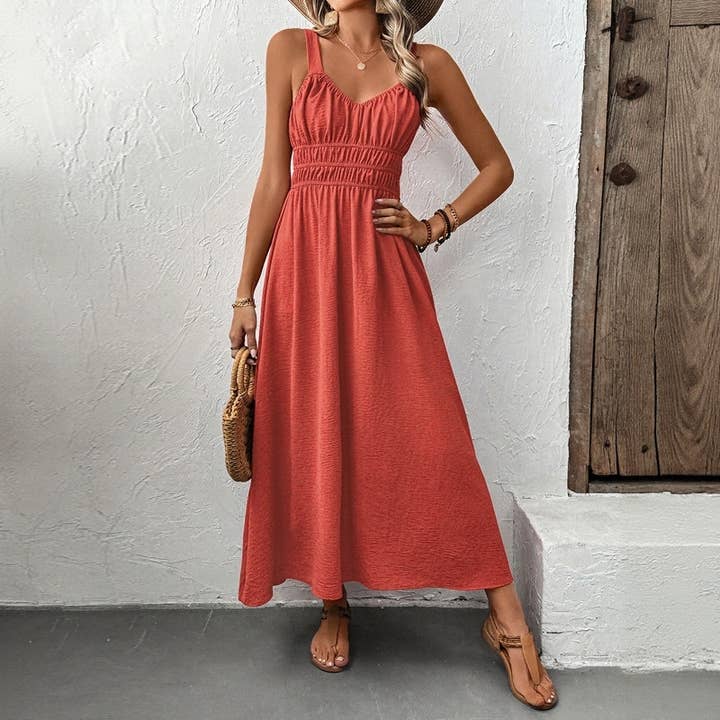 Red Texture Sleeveless Casual Pleated Maxi Dress for wholesale on Faire