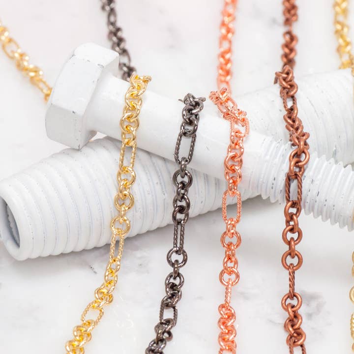 Continental Beads - Wholesale Craft Supplies - 9mm x 5mm Rectangle Rope Cable Chain - Made of plated brass - Sold by the foot - Ch-8034