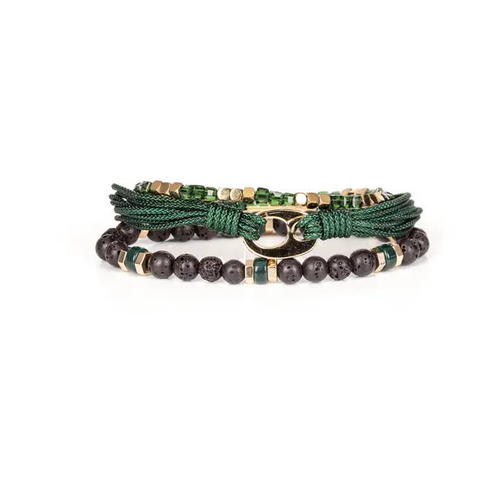 Green & Lava Stone Men's Bracelet Set Handmade Duo for wholesale by The Dark Men