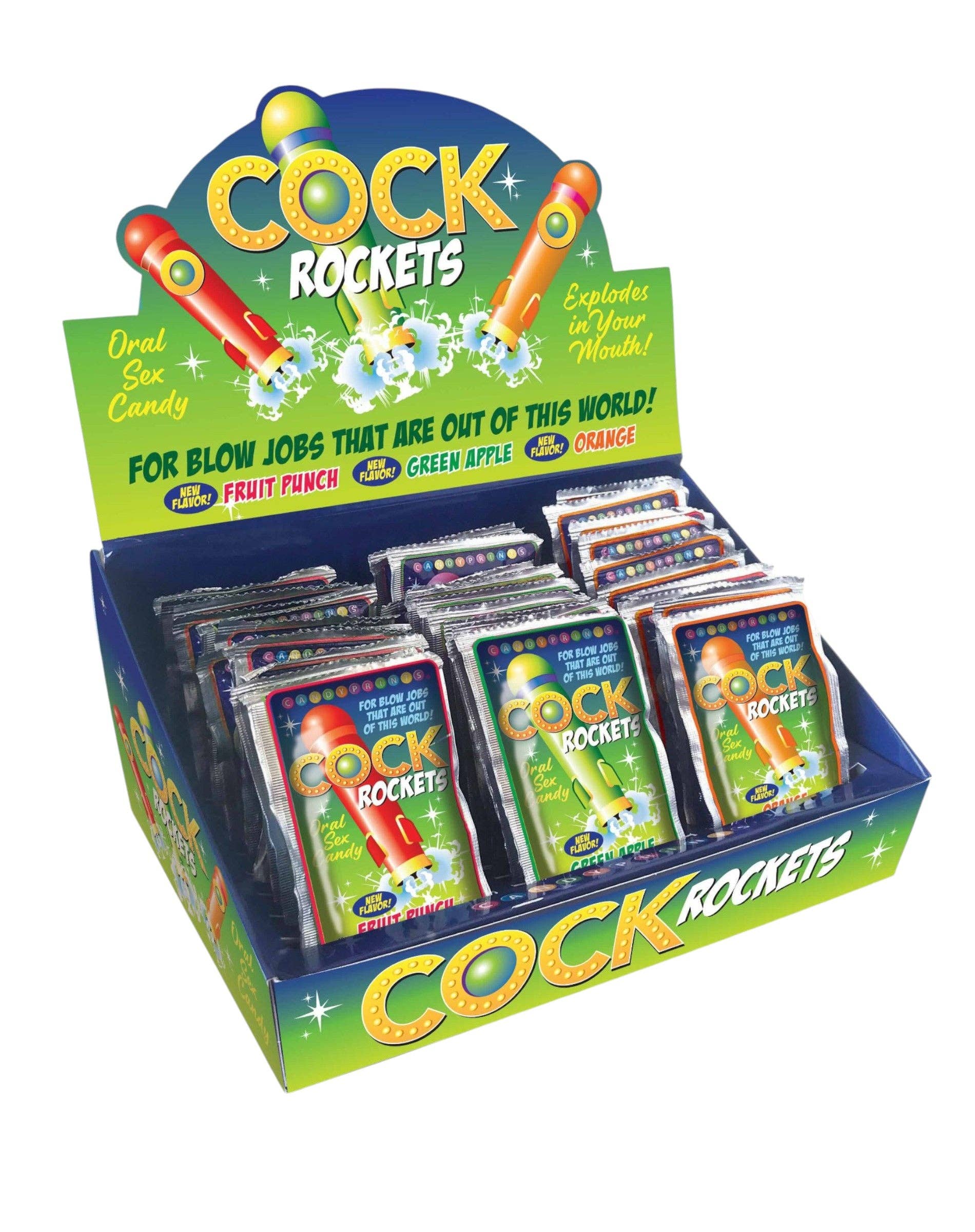 Little Genie Productions - Vente Sex toys - Bonbons Cock Rockets pour sexe oral, présentoir de 36 pièces saveur punch aux fruits, pomme verte et orange🍹🍏🍊0