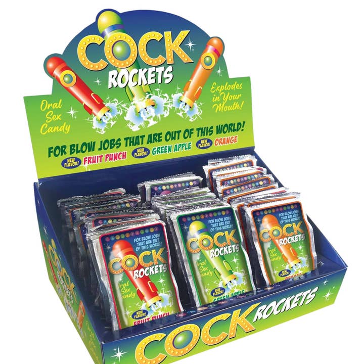Little Genie Productions - Vente Sex toys - Bonbons Cock Rockets pour sexe oral, présentoir de 36 pièces saveur punch aux fruits, pomme verte et orange🍹🍏🍊0