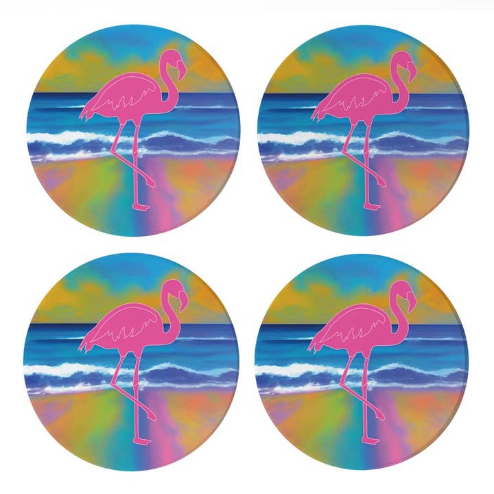 Love Local - Wholesale Coasters - Florida Pink Flamingo Icon| Absorbent Coasters | Set of 4 | Min 2