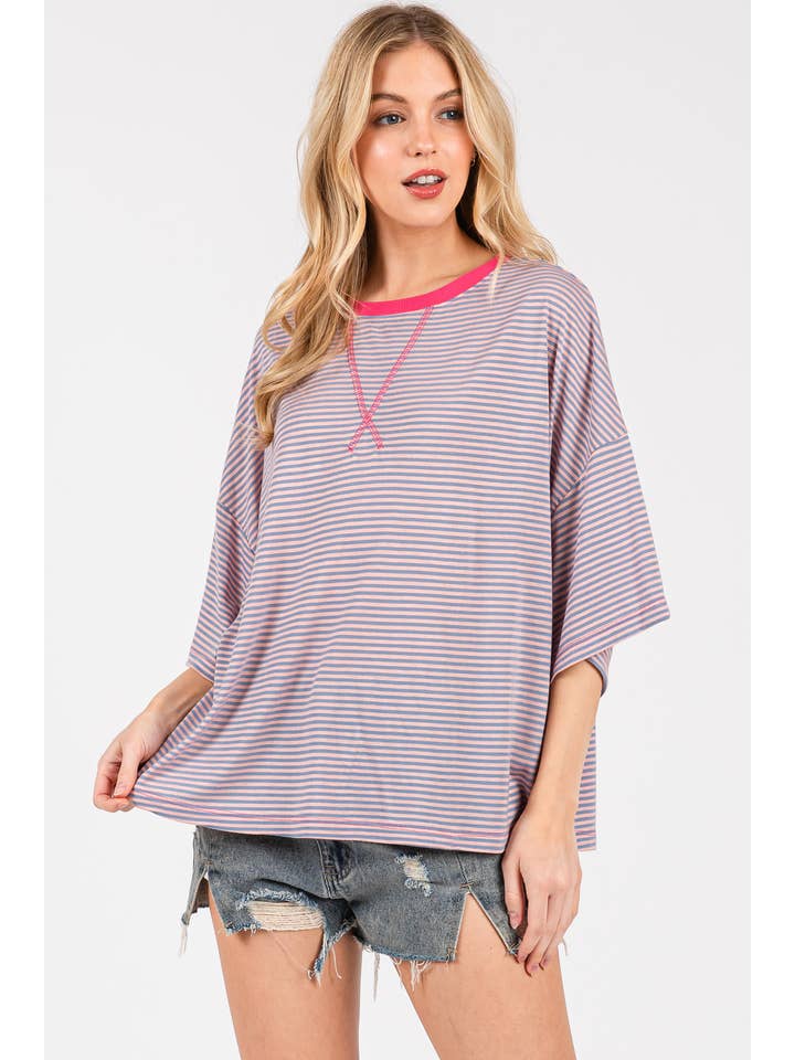 Ces Femme USA - Wholesale Knit Top - Women's - TS13916STA/Contrast Band Striped Shirts Casual Top