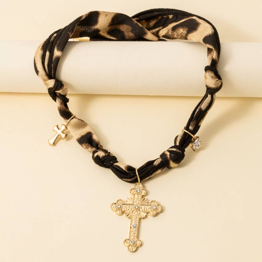 WG Cross Pendant And Charms Leopard Bandana Necklace for wholesale on Faire0