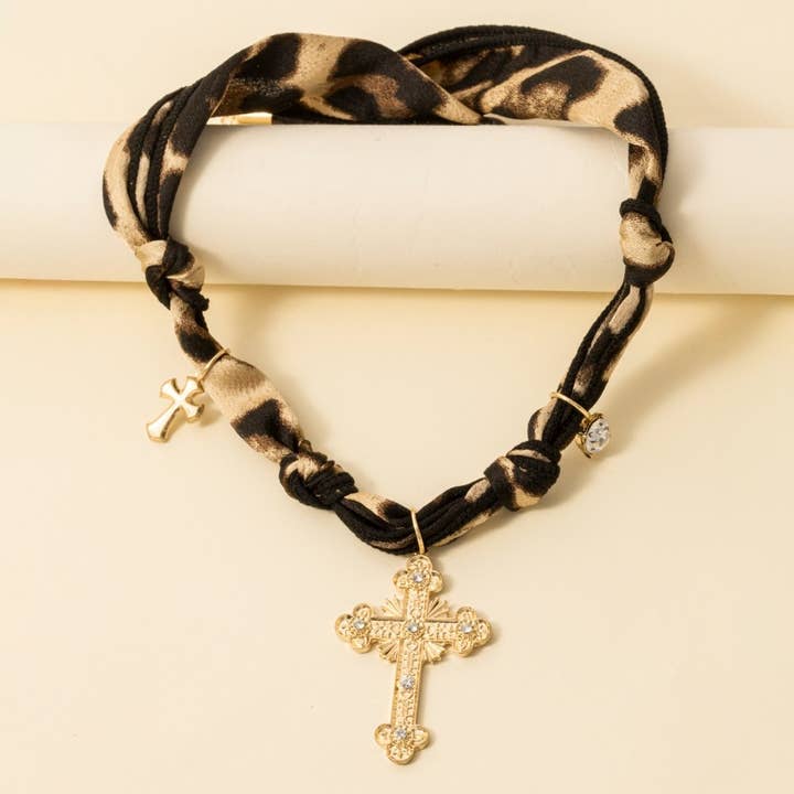 WG Cross Pendant And Charms Leopard Bandana Necklace for wholesale on Faire