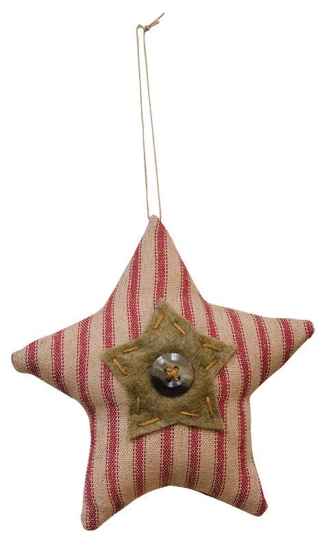 The Hearthside Collection - Wholesale Ornament Set - Ticking Button Star Ornament w/Button, 3 Assorted3