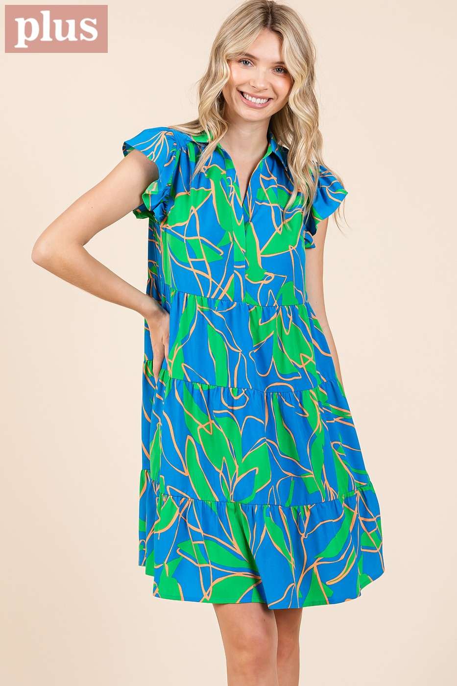 mittoshop - Wholesale Dress - Women's - PLUS LEAF PRINT RUFFLE SLEEVE TIERED MINI DRESS11