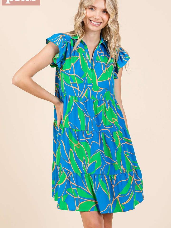 mittoshop - Wholesale Dress - Women's - PLUS LEAF PRINT RUFFLE SLEEVE TIERED MINI DRESS11