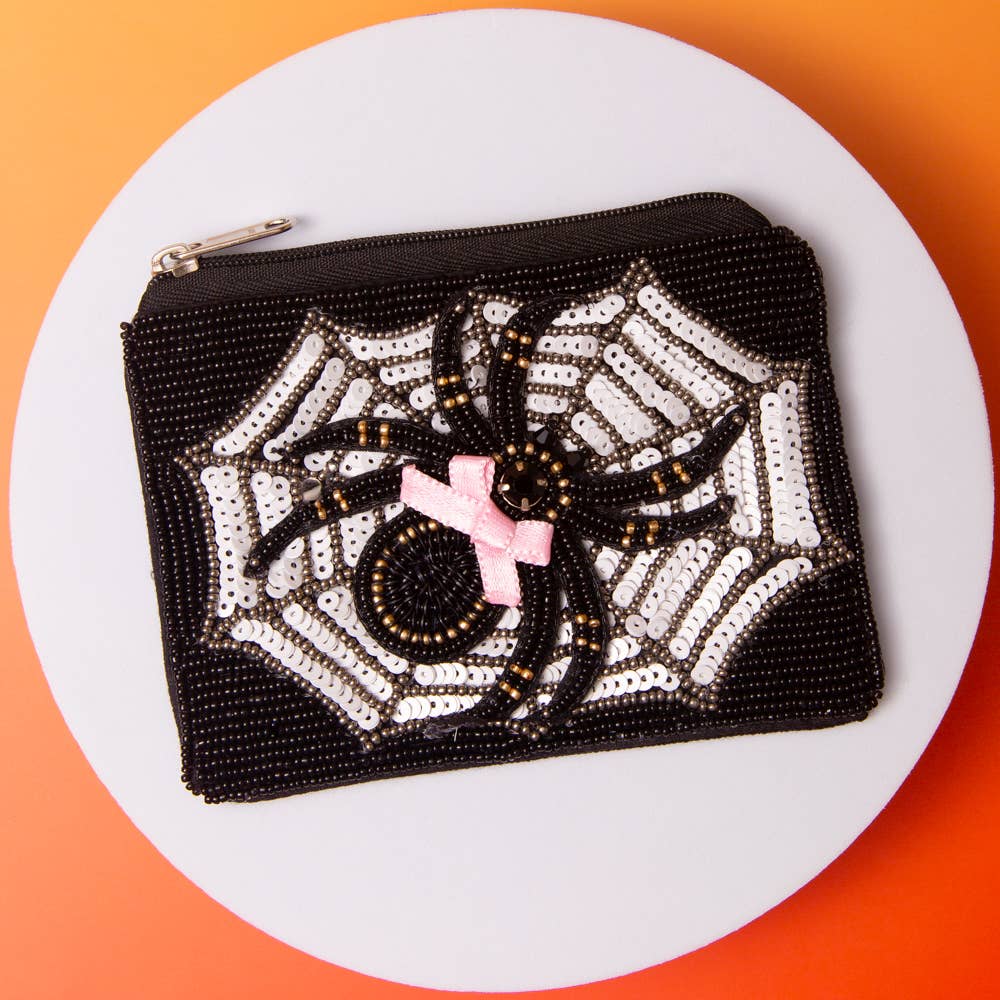 SP Sophia Collection - Wholesale Coin Purse - Women's - Halloween Beaded Coin Bag with Spider Design and Pink Bow