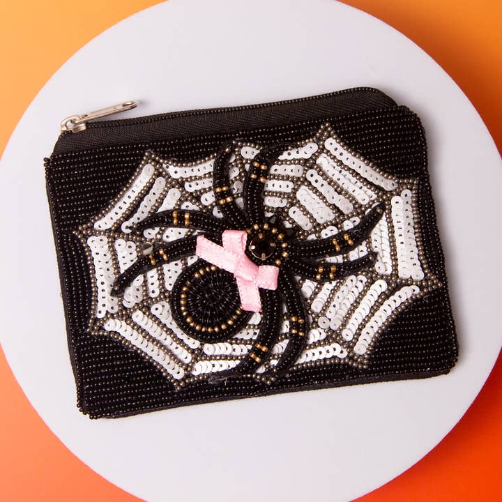 SP Sophia Collection - Wholesale Coin Purse - Women's - Halloween Beaded Coin Bag with Spider Design and Pink Bow0